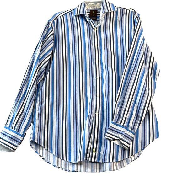 Tailorbyrd Blue Striped Shirt Mens Lg Flip Cuff Cotton - Picture 3 of 9